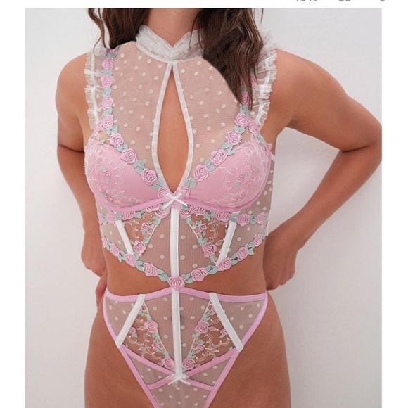 For Love and Lemons Pointelle Roses Teddy Medium NWT NEW Corset Bustier Thong